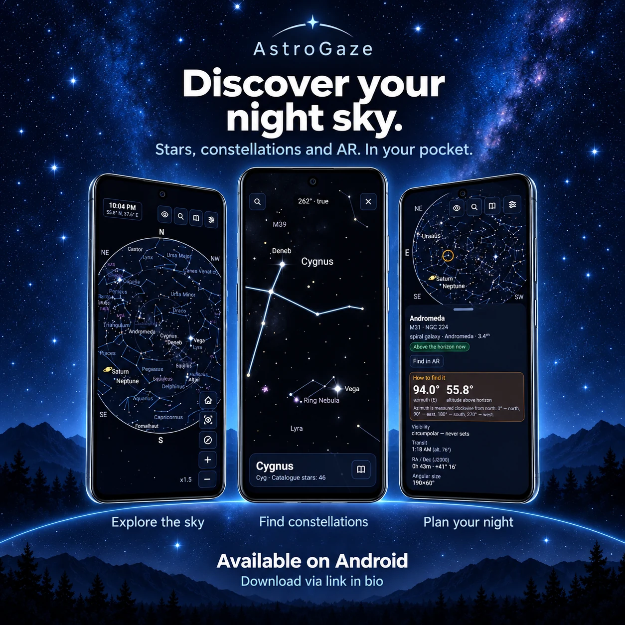 AstroGaze para Android: mapa do céu, constelações em realidade aumentada e dados de observação em três celulares.